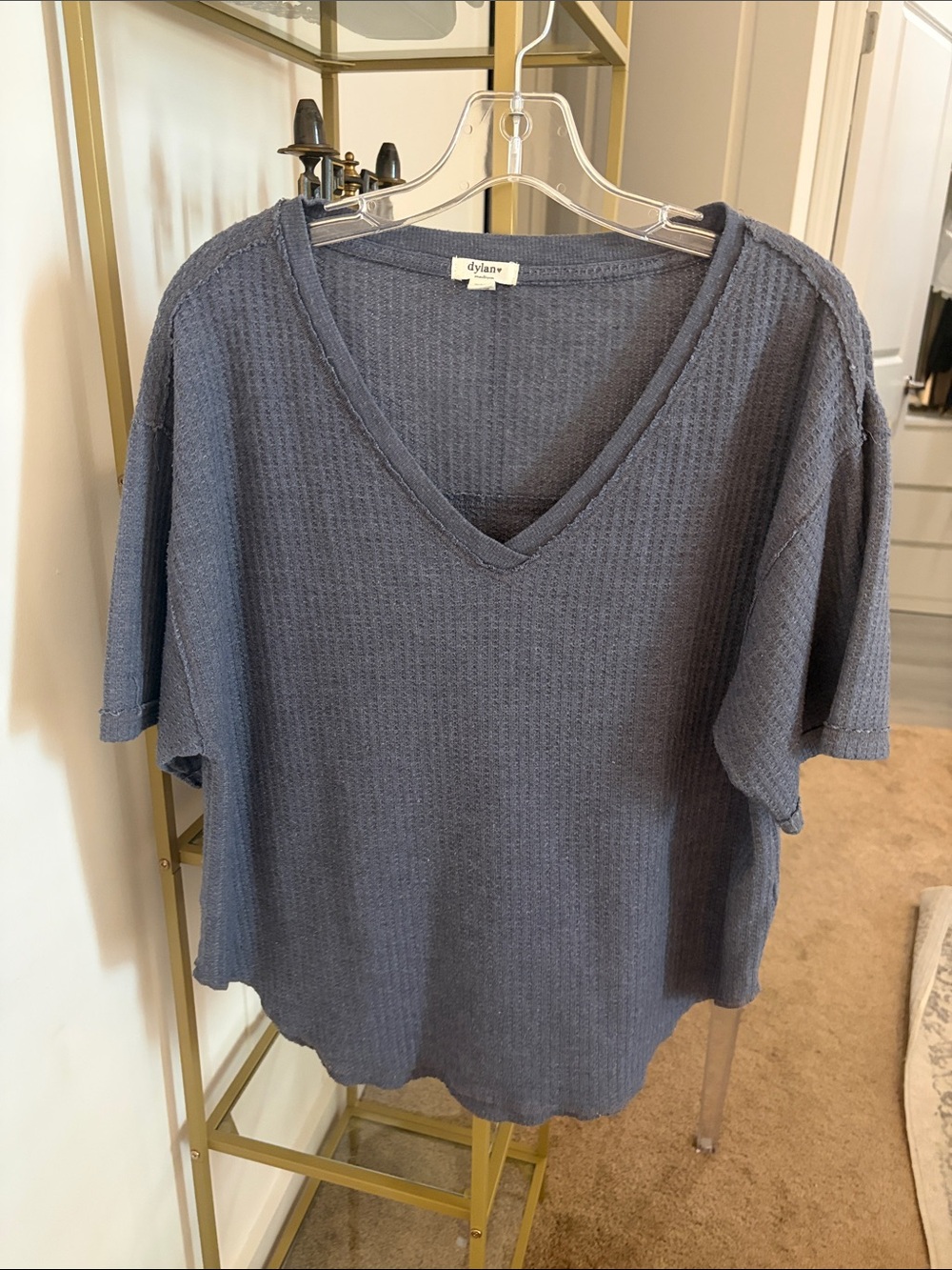 dylan Relaxed Waffle V-Neck Top in Slate Blue